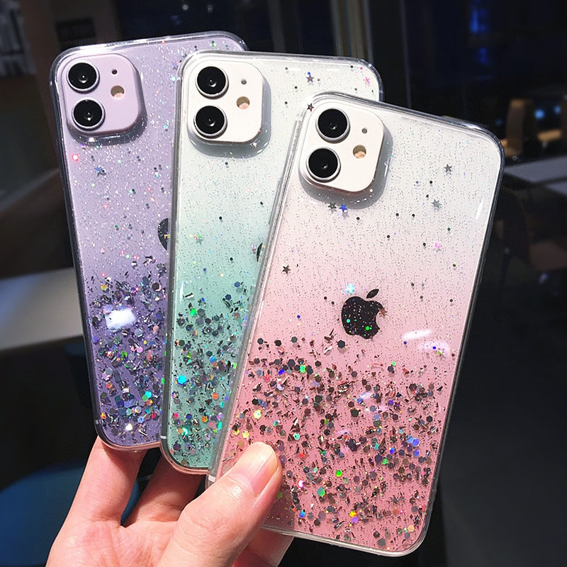 Skhek Back to School Clear Glitter Phone Case For Iphone 13 12 Pro 11 Pro Max XS Max XR X 7 8 Plus 12Mini SE 2022 Cute Gradient Rainbow Sequins Coque