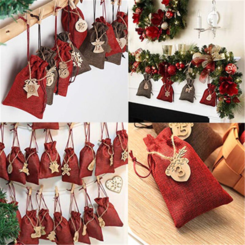 Christmas Gift 24Pcs Christmas Advent Calendar Wooden Wall Hanging Ornament Number Christmas Countdown Candy Gift Bag Home Christmas Decoration