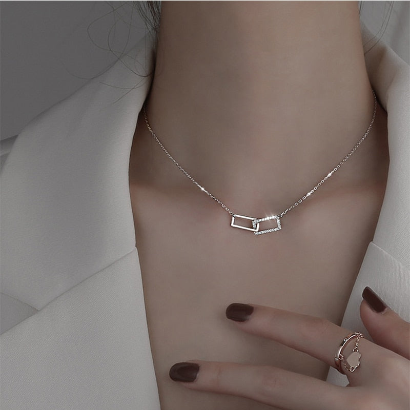 925 Strling Silver Double Square Shape Necklace Shine Diamond Pendant Necklace for Women Fashion Jewelry Cute Accessories