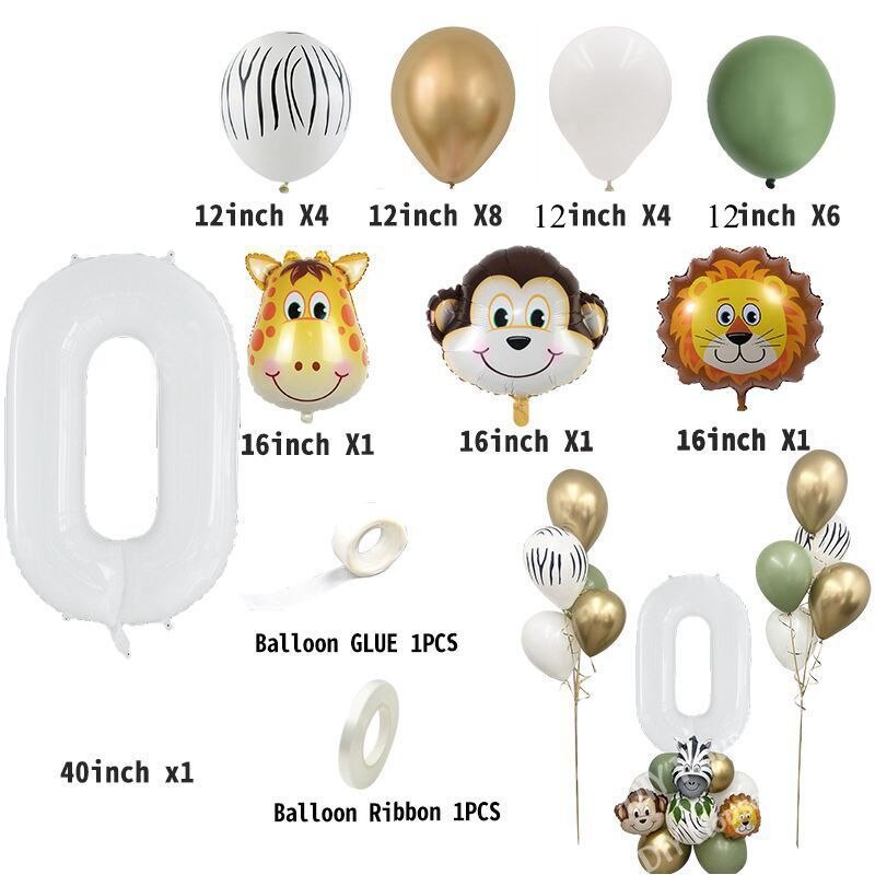 28PCS Jungle Animal Balloon Kit With White Number Monkey Lion Foil Balls For Kids Birthday Party Decoration DIY Home Supplies