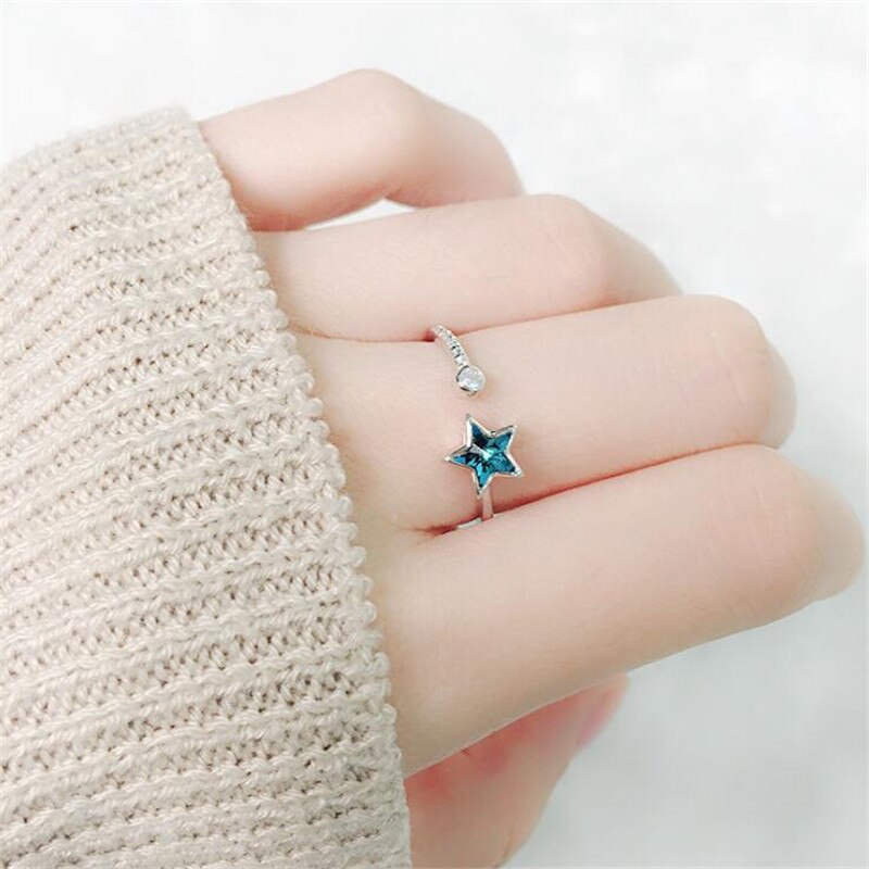 Christmas Gift New Fashion Beautiful Deep Sea Blue Five-pointed Star 925 Sterling Silver Jewelry Personality Fresh Crystal Opening Rings R044