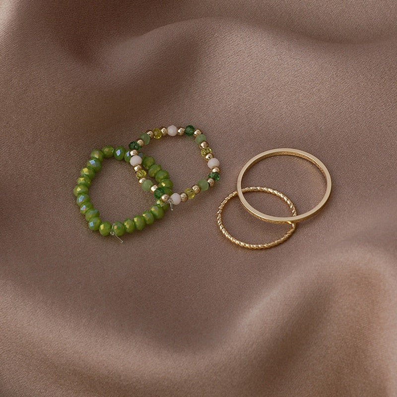 4PCS Women's Ring Summer Crystal Beaded Vintage Rings Set New Korean Women Jewelry Temperament Accessories Sweet Aesthetic Gift