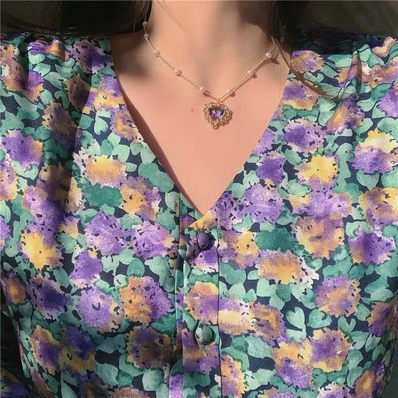 SKHEK Kpop Fairy Transparent Purple Love Heart Crystal Pendant Clavicle Chain Pearl Chocker Necklace For Women Egirl Aesthetic Jewelry