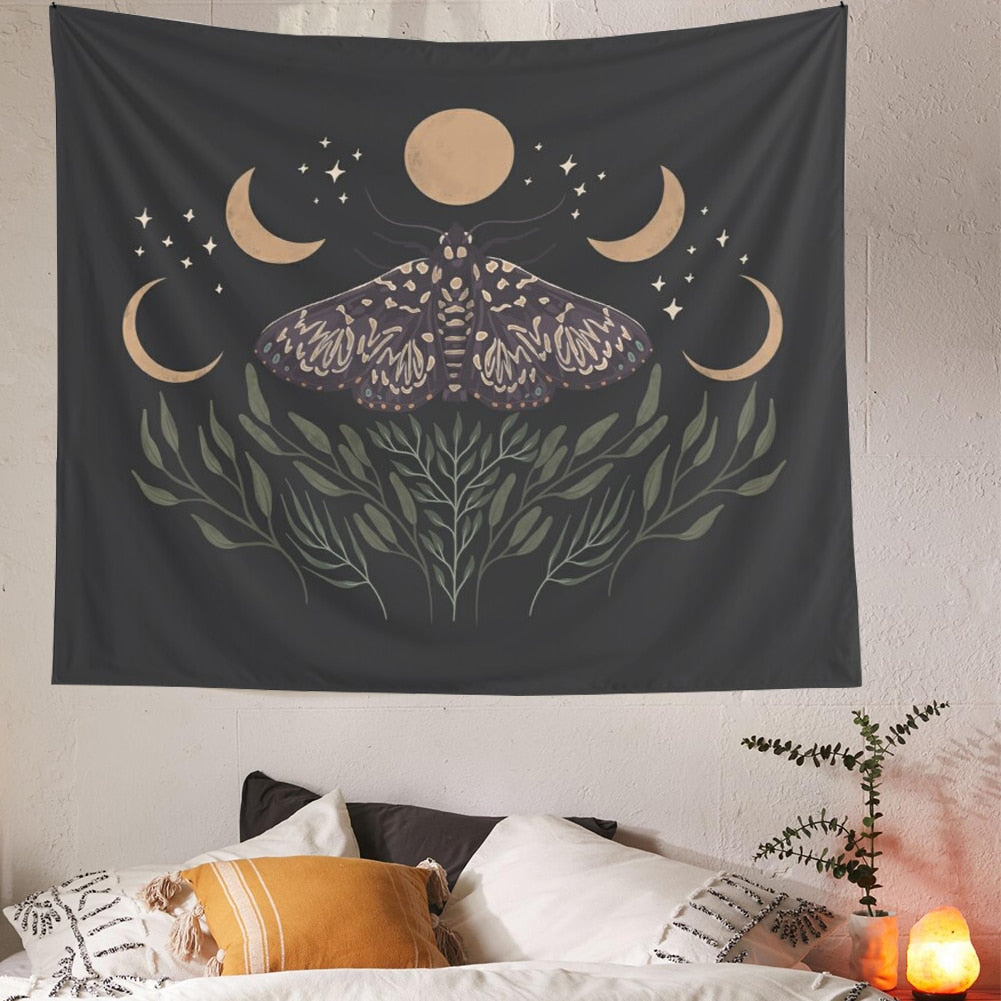 Moon Phase Tapestry Wall Hanging Bohemian Gypsy Psychedelic Tapiz Black Sun Witchcraft Divination Tapestry Butterfly Decor