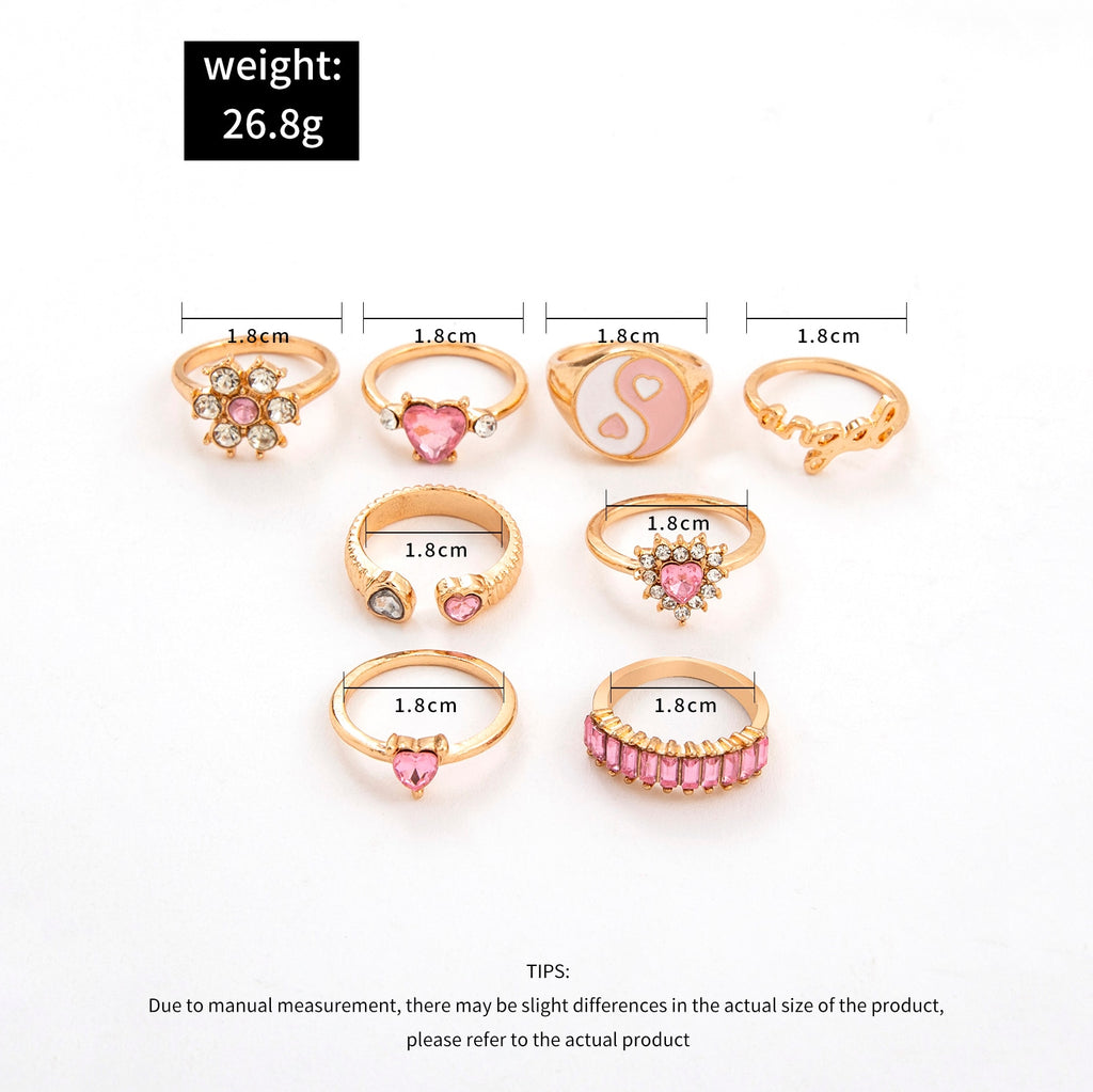 Skhek  6-8 Pcs Cute Metal Gold Heart Rings Set for Women Punk Letter "Angel" Shinestone Aesthetic Y2k Tai Chi Anillos Jewelry