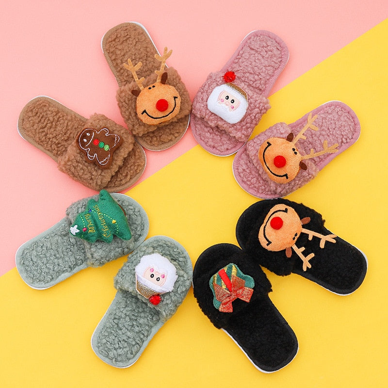 Children's Christmas Tree Slippers Autumn and Winter Elk Cartoon Home Cotton Slippers Flat Slippers for Women
