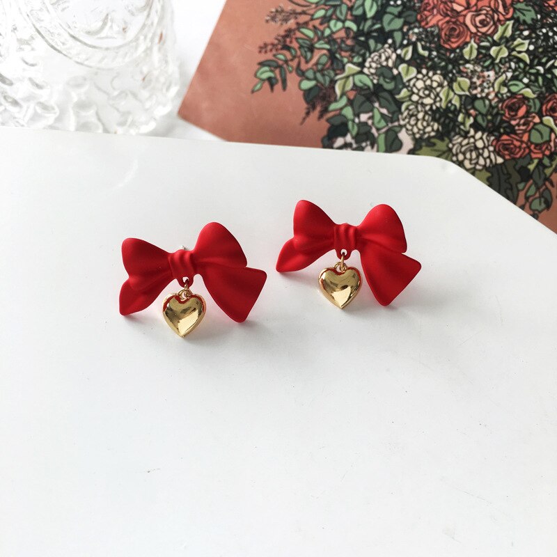 Christmas Gift Christmas Red Bow Drop Earring For Women Temperament Heart Flocking Bowknot Christmas Earring Girls New Year Festival Jewelry