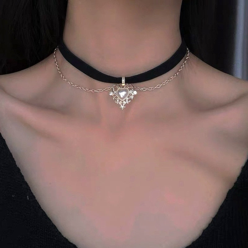 SKHEK Goth Vintage Butterfly Black Velvet Double Chain Clavicle Collar Choker Necklaces For Women Egirl Party Aesthetic Accessories