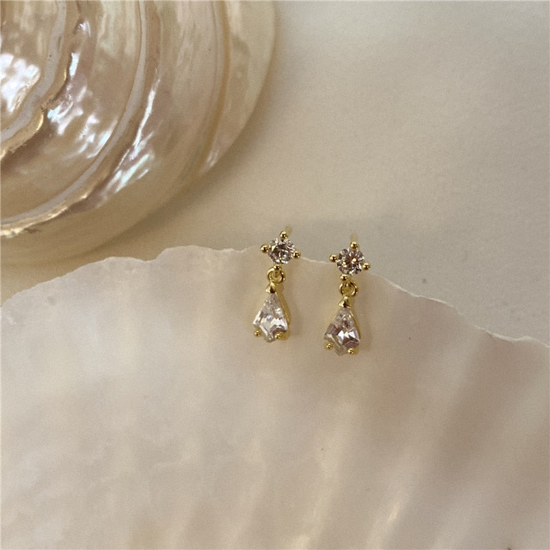 Skhek Japanese Water Drop Crystal  Earrings Women Light Luxury Temperament Wedding 14k Real Gold Plating Jewelry