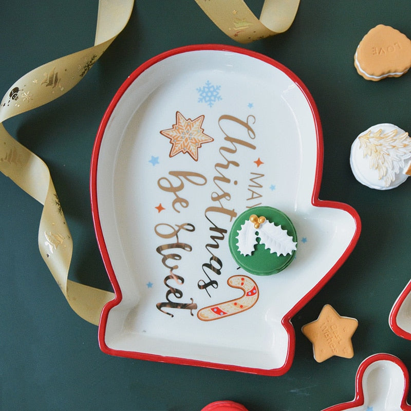 LadyCC Three Dimensional Pine Golden Painted Christmas Series Dinner Plate Candy Dessert Ceramic Plate