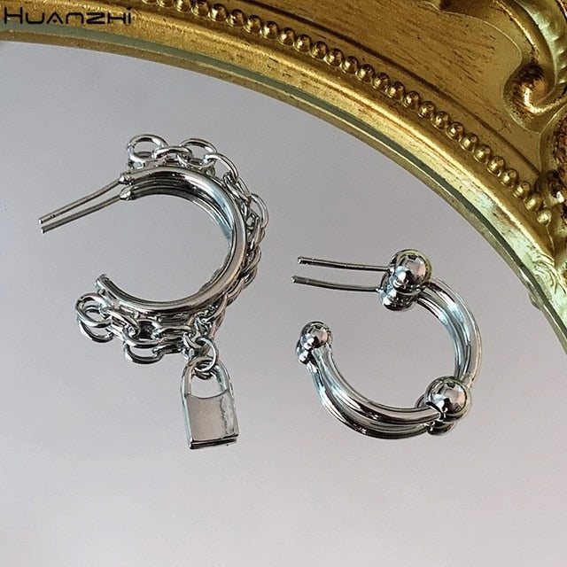 SKHEK 2022 Punk Silver Color Metal Chain C Shape Circle Hoop Earrings Geometric Irregular Round Cross For Women Girls Jewelry