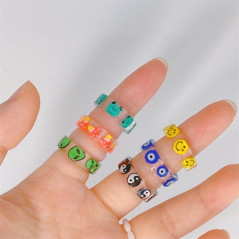 Skhek Ring For Women Fashion Girl Yellow Smiley Green Frog Acrylic Resin Rings Vintage Transparent Aesthetic Lady's Finger Jewellery
