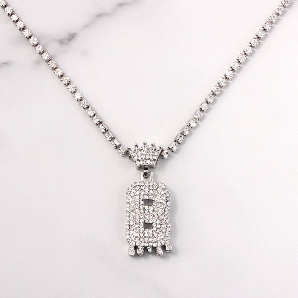 Skhek New 26 Letters Crown Iced Out Rhinestone Initial Necklace For Women Men Luxury Crystal Alphabet Pendant Chain Necklace Jewelry