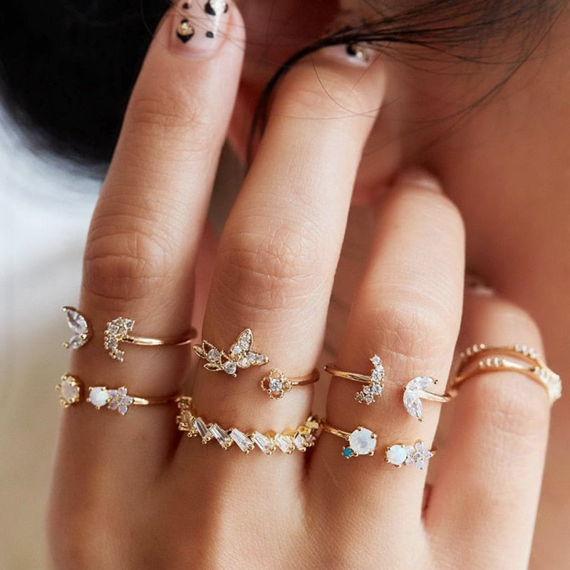 17KM 30 Design Vintage Gold Star Moon Rings Set For Women BOHO Opal Crystal Midi Finger Ring 2020 Female Bohemian Jewelry Gifts