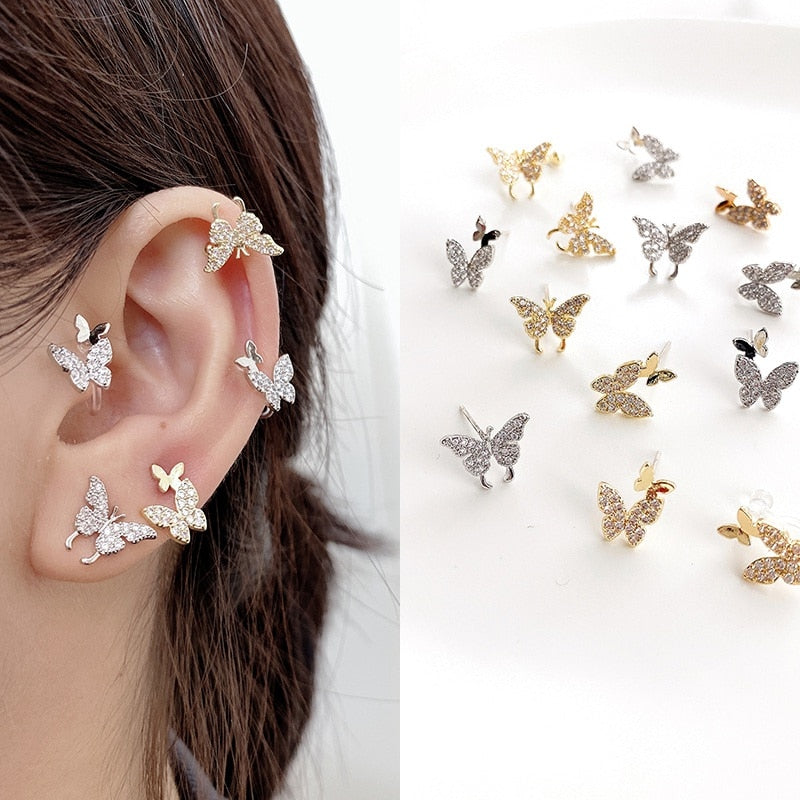 New Fashion Cute Rhinestone Gold Color Butterfly Stud Earrings For Women No Piercing Fake Cartilage Earring Gifts