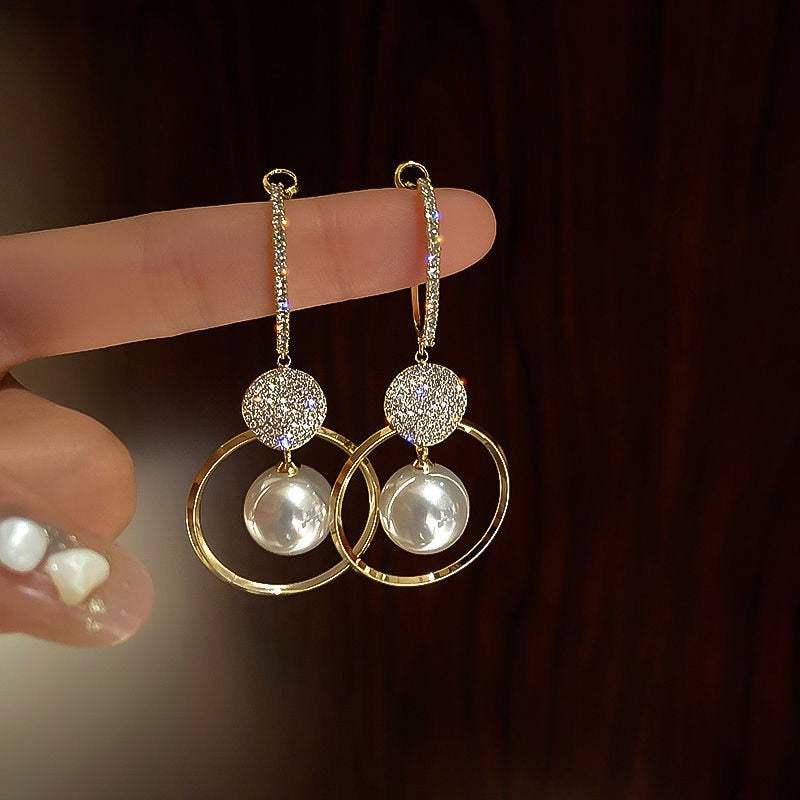 Skhek  2022 New Fashion Korean Oversized White Pearl Drop Earrings For Women Bohemian Golden Round Zircon Wedding Earrings Jewelry Gift