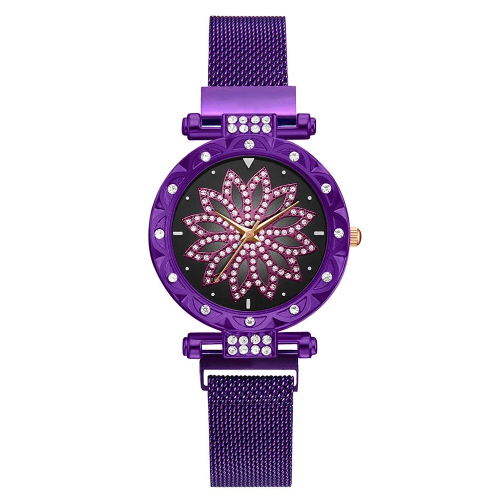Fashion Women Mesh Magnet Buckle Flower Watch Luxury Ladies Rhinestone Quartz Watch Bracelet Set Relogio Reloj