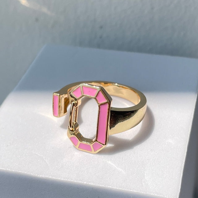 SKHEK New Pink White Enamel Dripping Oil Ring Evil Eyes Rhinestone Geometric Irregular For Women Girl Trendy Jewelry