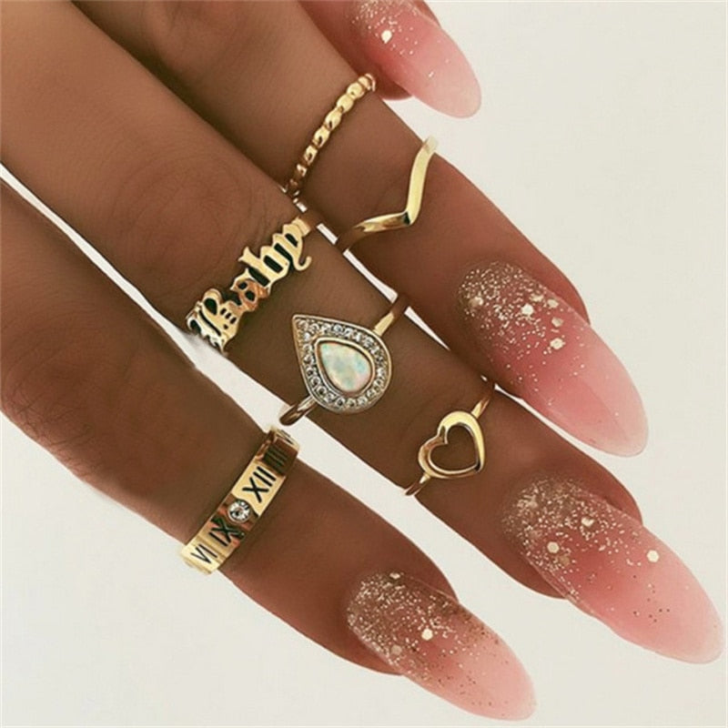Skhek 2022 New Women's Moon Star Love Hollow Full Micro Pave Zircon Ring Set Girl Jewelry Bohemia Jewelry Accessories