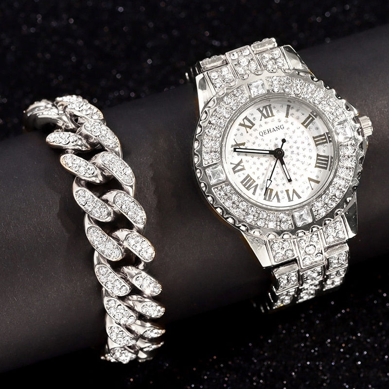 Skhek Iced Out Rose Gold Silver Color Watch Women's Luxury Rhinestone Cuban Chain Bracelet Watches Fashion Wrist Watch Hip Hop Jewelry