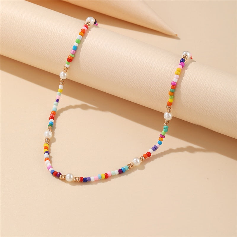 Skhek Bohemian Colorful Bead Shell Necklace for Women Summer Short Beaded Collar Clavicle Choker Necklace Female Jewelry
