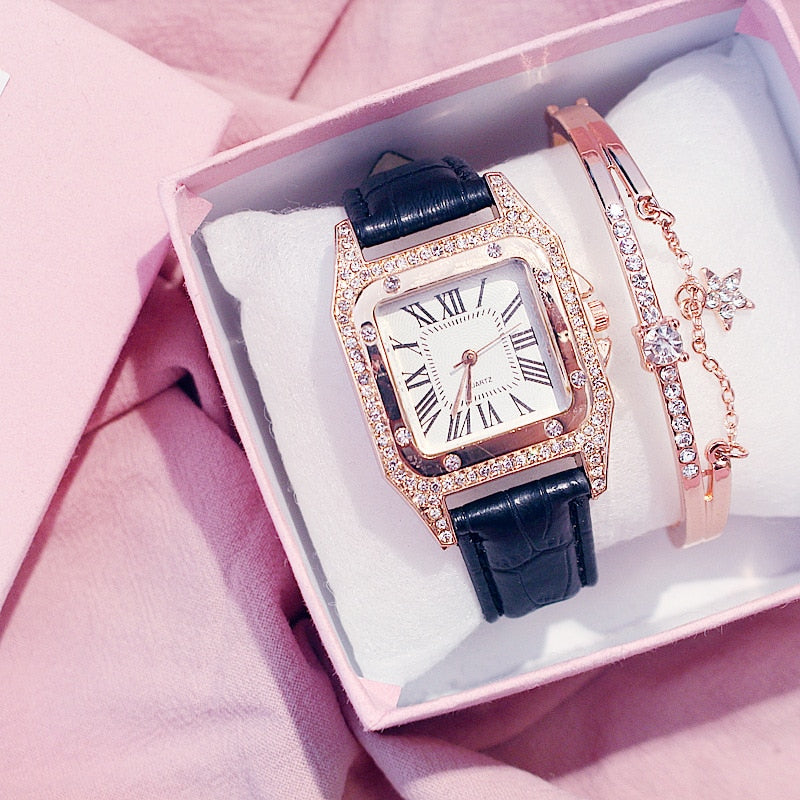 Christmas Gift Women Diamond Watch Starry Luxury Bracelet Set Watches Ladies Casual Leather Band Quartz Wristwatch Female Clock Zegarek Damski