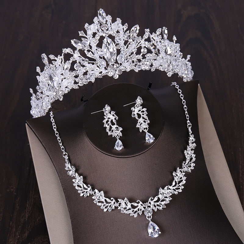 Luxury Heart Crystal Bridal Jewelry Sets Wedding Cubic Zircon Crown Tiaras Earring Choker Necklace Set African Beads Jewelry Set