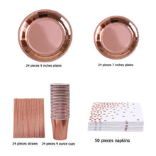 Load image into Gallery viewer, Disposable Tableware Gold-Plated Rose Gold Tablecloth Paper Cup Knife Fork Spoon Paper Tray Party Supplies Decoration Set
