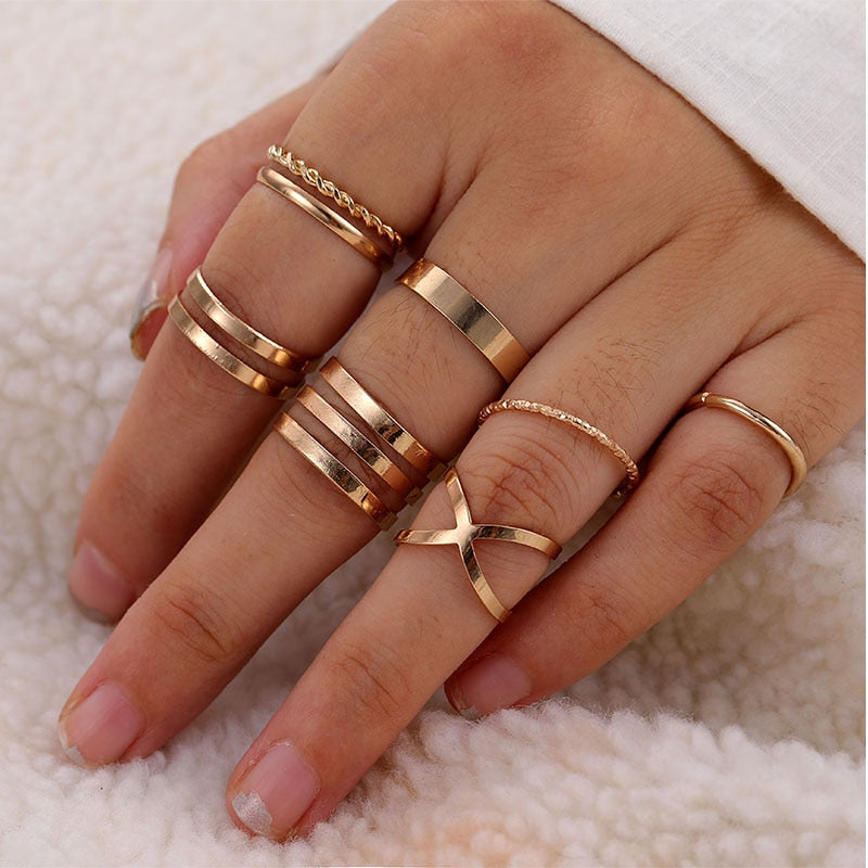 IPARAM Bohemian Vintage Gold Crystal Geometric Joint Ring Set for Women Star Moon Personality Design Ring Set Party Jewelry Gift
