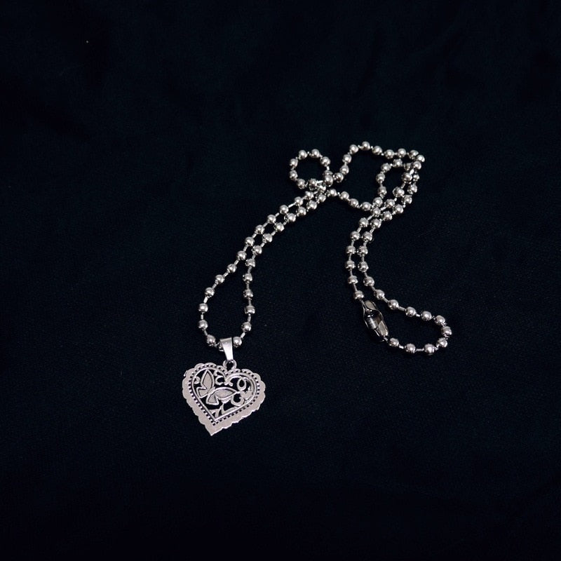 SKHEK Kpop Harajuku Goth Punk Butterfly Heart Aesthetic Necklace For Egirl Stainless Steel Bead Chain Collares Largos Mujer Joyeria