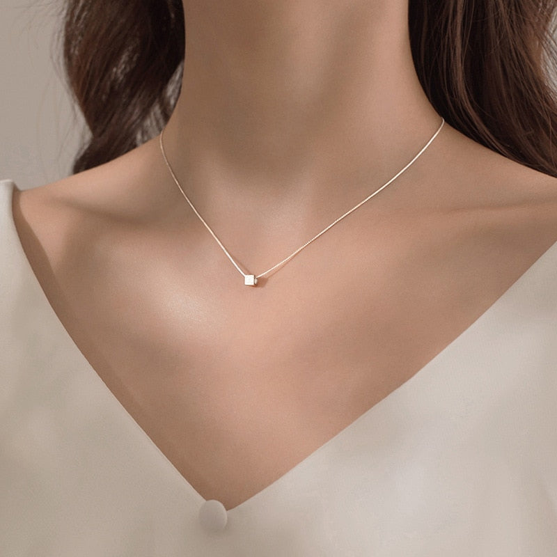 925 Sterling Silver Pendant Necklaces Geometric Square Necklace Simple Women Fashion Fine Jewelry Cute Accessories