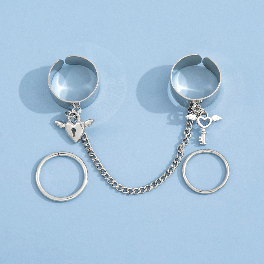 Skhek  4Pcs Vintage Heart Lock Rings Set for Women 2022 Trend Aesthetic Kpop Chain Anillos Korean Fashion Jewelry Accessories