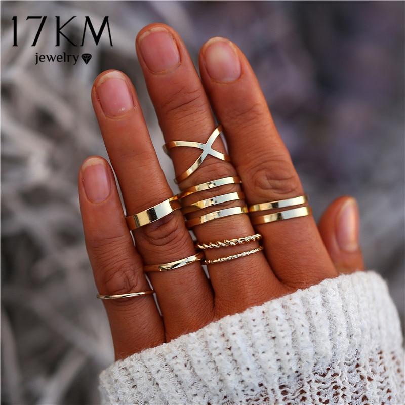 17KM Bohemian Gold Vintage Rings Star Moon Beads Crystal Ring Set Women Charm Joint Ring Party Wedding Fashion Jewelry Gifts 1124