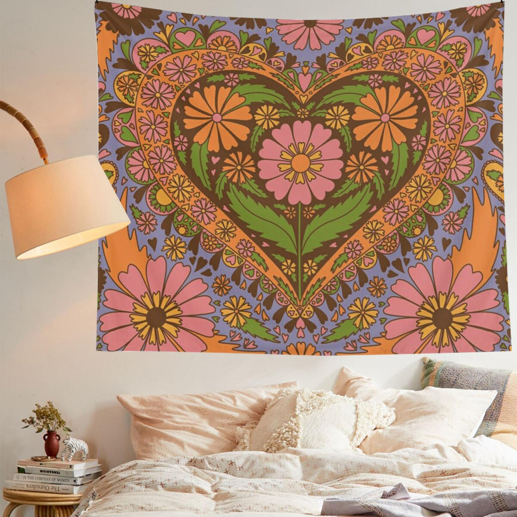 Vintage Flower Wall Tapestry Hanging 80S Retro Wall Decor Tapestries Bedroom Drom Room 90S Floral Heart Wall Decor Tapestry