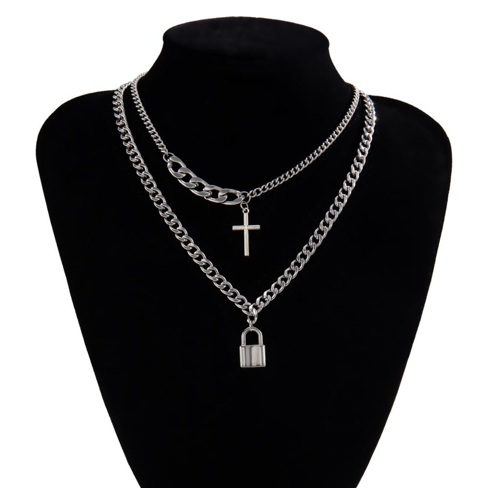 SHIXIN 2 Pcs/Set Layered Chain With Cross/Lock Pendant Necklace for Women/Men Punk Choker Necklaces on Neck 2020 Fashion Jewelry