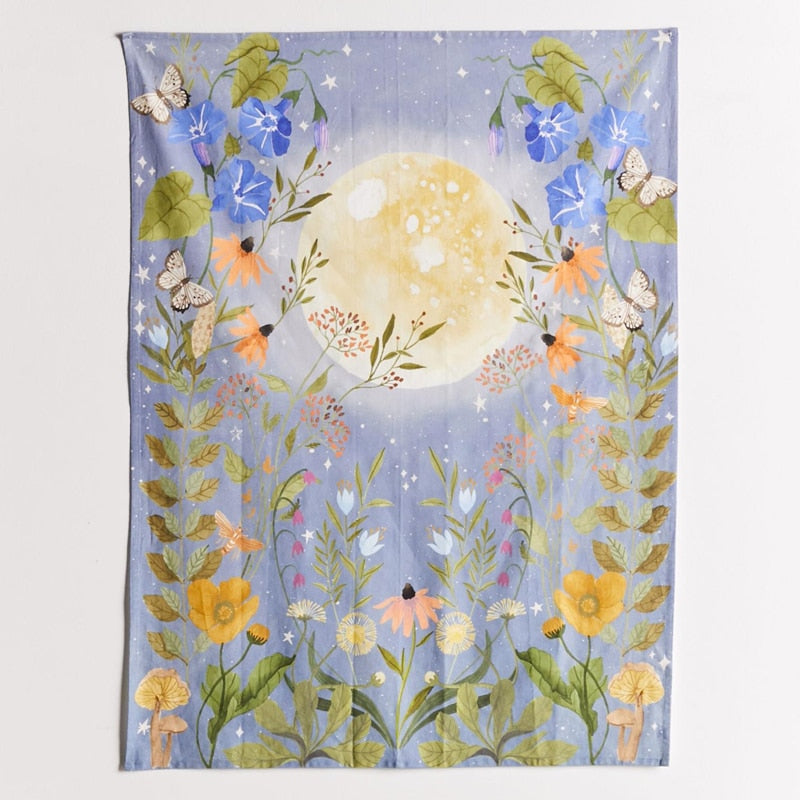 Psychedelic Moon Tapestry Wall Hanging Celestial Floral Wall Tapestry Hippie Flower Wall Carpets Dorm Decor Starry Sky Carpet
