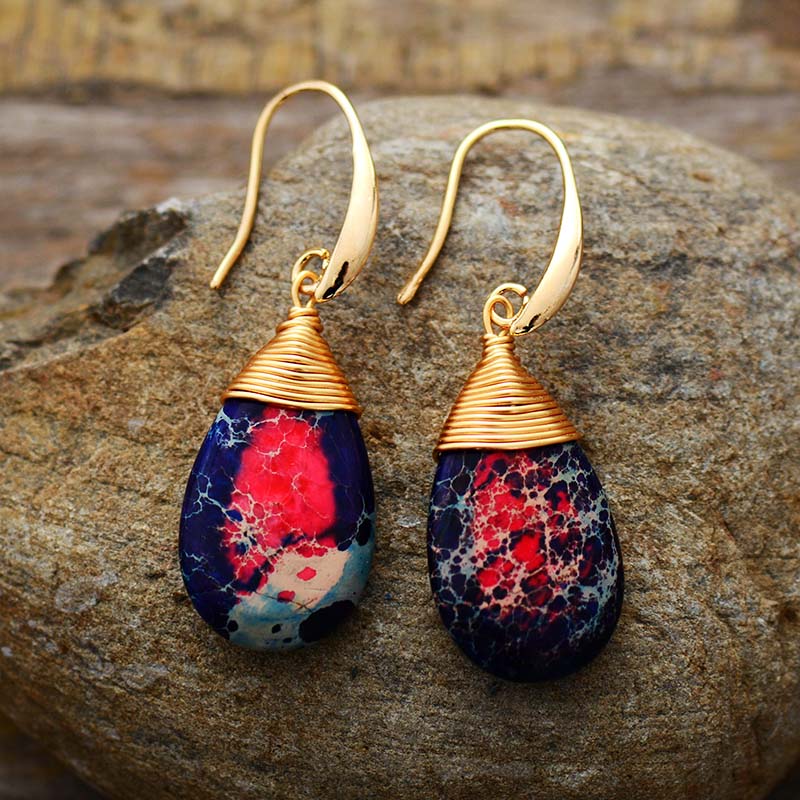 Skhek  Bohemian Natural Stones Drop Earrings For Women Teardrop Jaspers Dangle Red Earring Handmade Artist Jewelry
