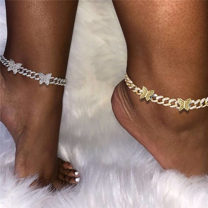Skhek Punk Cuban Link Chain Rhinestone Anklet For Women Gold Silver Color Butterfly Crystal Anklet Bracelet On Leg Foot Jewelry