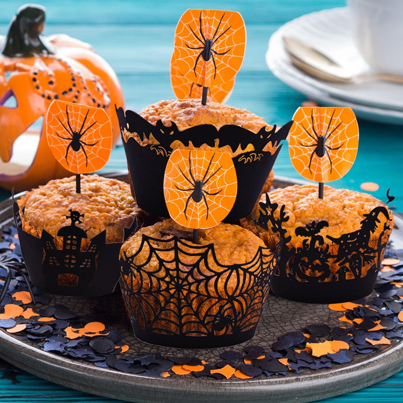 SKHEK Halloween 12Pcs Halloween Cupcake Wrapper Baking Cup Hollow Out Paper Cake Wrapper Witch Spiderweb Castle Halloween Decoration