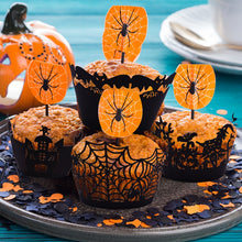 Load image into Gallery viewer, SKHEK Halloween 12Pcs Halloween Cupcake Wrapper Baking Cup Hollow Out Paper Cake Wrapper Witch Spiderweb Castle Halloween Decoration