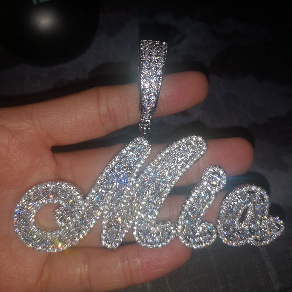 Skhek Uwin Custom Brush Cursive Letter Pendant Name Necklace Baguettes Chain Micro Paved CZ Personalized  Hiphop Jewelry