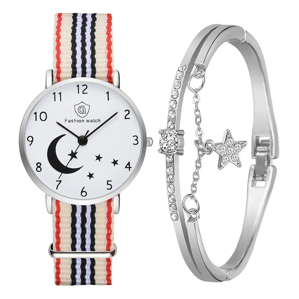 Christmas Gift Fashion Watch For Women Bracelet Set Casual Canvas Strap Ladies Watches Moon Stars Pattern Quartz Wristwatches Female Gift Clock