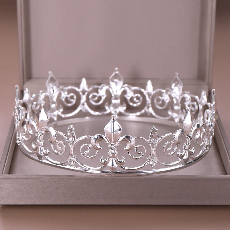 Gold Round Crown King Queen Wedding Tiara Bride Headpiece Men Party Crystal Hair Jewelry Wedding Hair Accessories