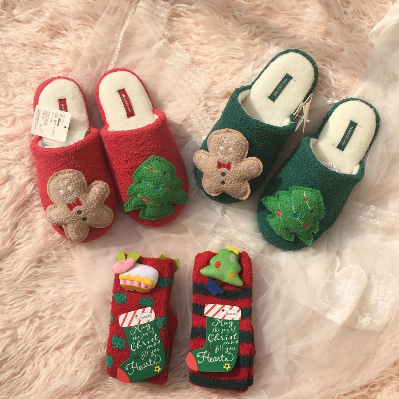 Cute Three-dimensional Gingerbread Man Christmas Tree Plush Home Cotton Slippers Indoor Non-slip Home Shoes Women