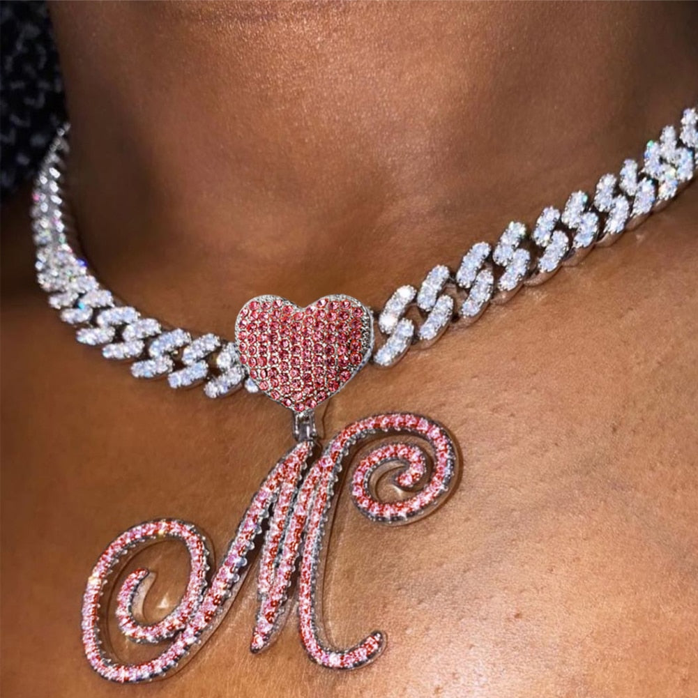 Skhek Hip Hop Pink A-Z Cursive Letter Initial Heart Pendant Necklace For Women Bling Iced Out Cuban Zircon Chain Necklace Punk Jewelry