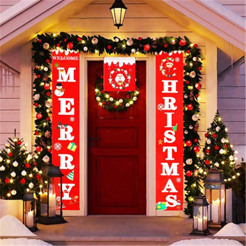 Christmas Gift Merry Christmas Banners Decoration Non-Woven Hanging Flag Xmas Ornaments Home Door Banner Set Navidad 2022 Christmas Decoration