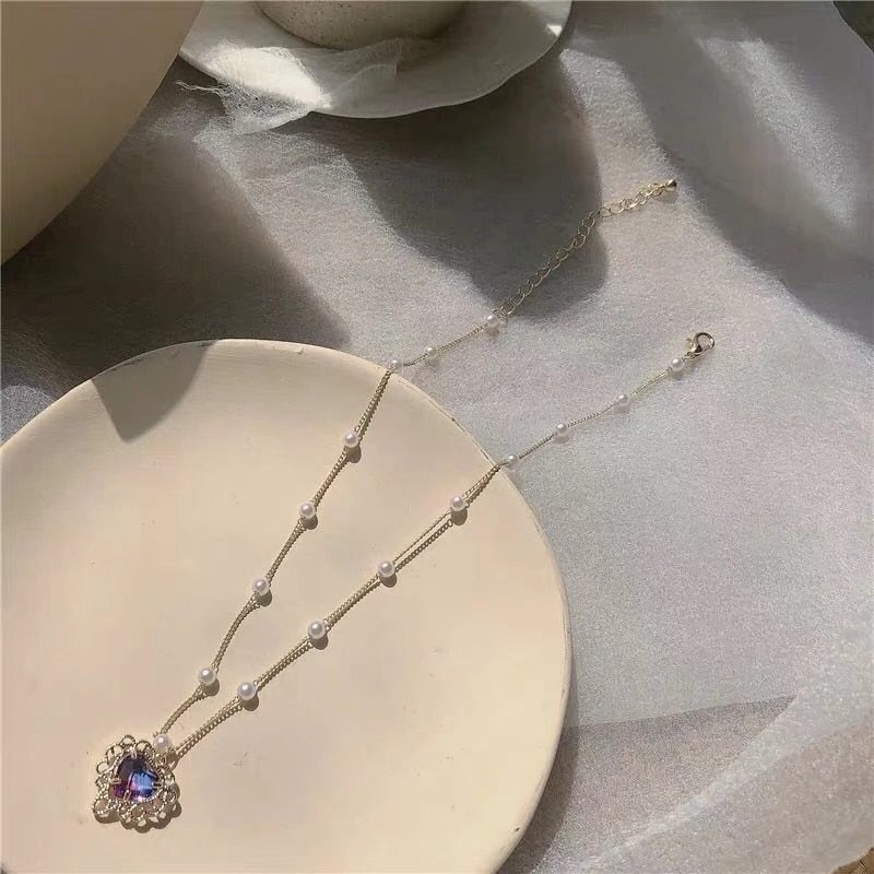 SKHEK Kpop Fairy Transparent Purple Love Heart Crystal Pendant Clavicle Chain Pearl Chocker Necklace For Women Egirl Aesthetic Jewelry