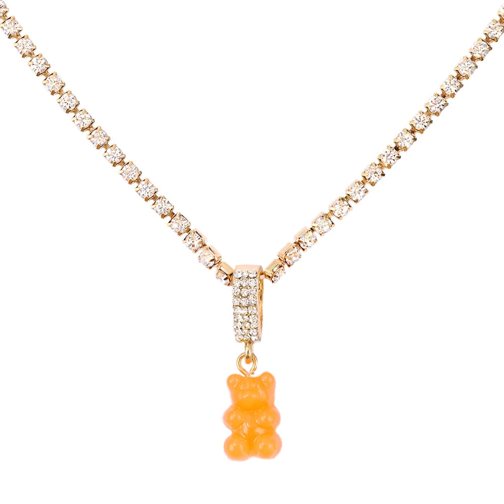 SKHEK New Colorful Cute Resin Bear Gummy Crystal Pendant Necklace For Women Bling Rhinestone Tennis Chain Necklace Trendy Jewelry Gift