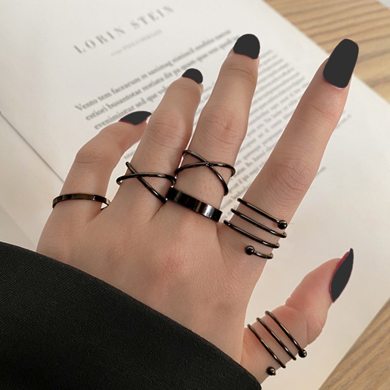 Skhek Punk Finger Rings Minimalist Smooth Black Geometric Metal Rings for Women Girls Party Bijoux Femme Jewelry