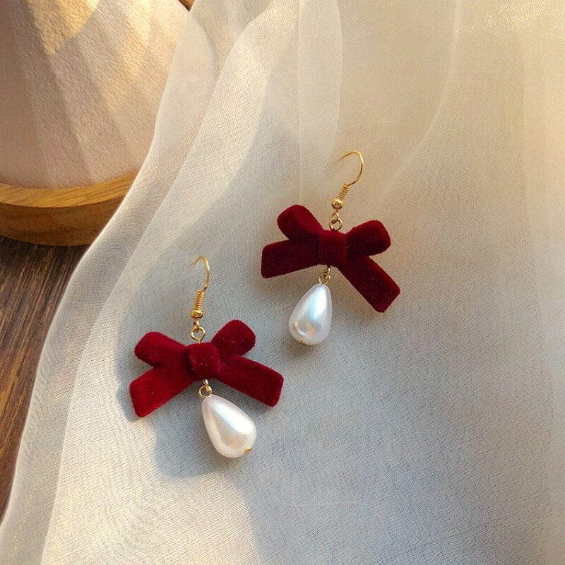 Christmas Gift Christmas Red Bow Drop Earring For Women Temperament Heart Flocking Bowknot Christmas Earring Girls New Year Festival Jewelry